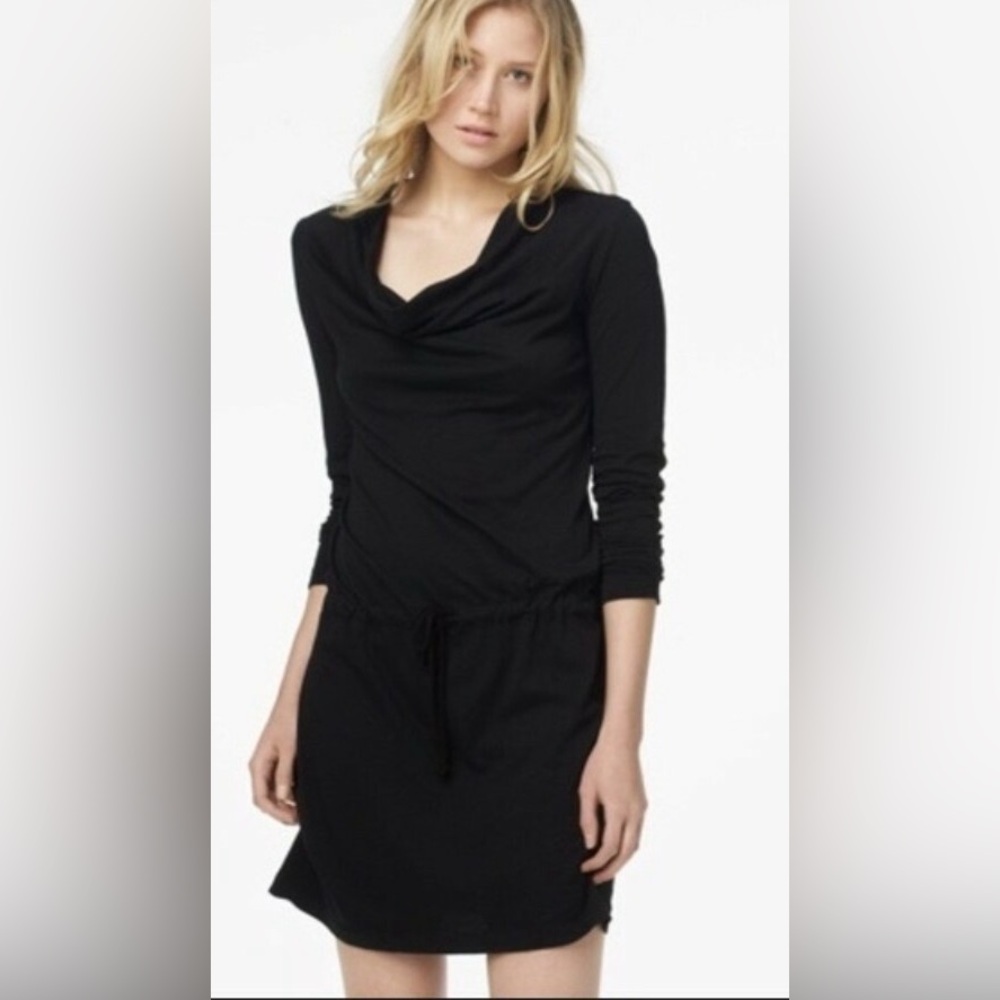 James Perse Black Long-Sleeve Cowl Neck Drawstring Dress